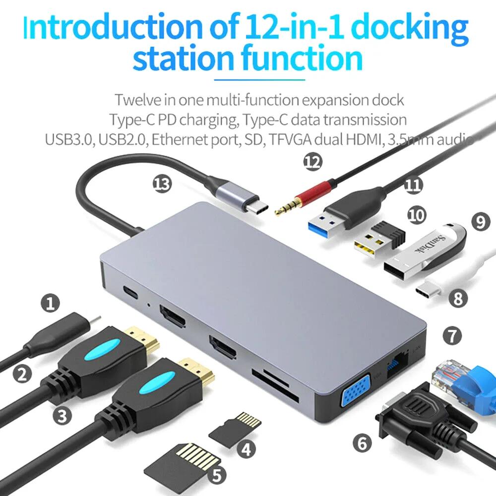 Tebe USB C  CŸ- HDMI ÷ ŷ ̼, RJ45, VGA, TF, SD, USB3.0, 2.0, 2 * CŸ,  HP й, 12  1